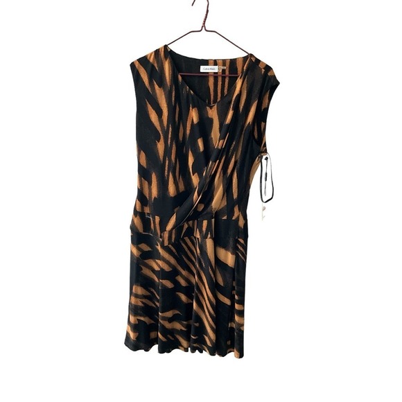 Calvin Klein Knee Length Dress Women Size 10 Brown/Black Sleeveless V-Neck Rayon - Picture 1 of 6